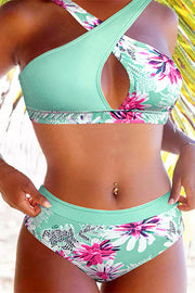 Floral Print Hollow Out Halter Two Piece Swimwear