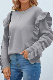 Petal Sleeve Solid Round Neck Pullover Sweater