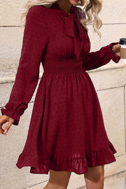 Solid Color Bow Tie Long Sleeve MIni Dress