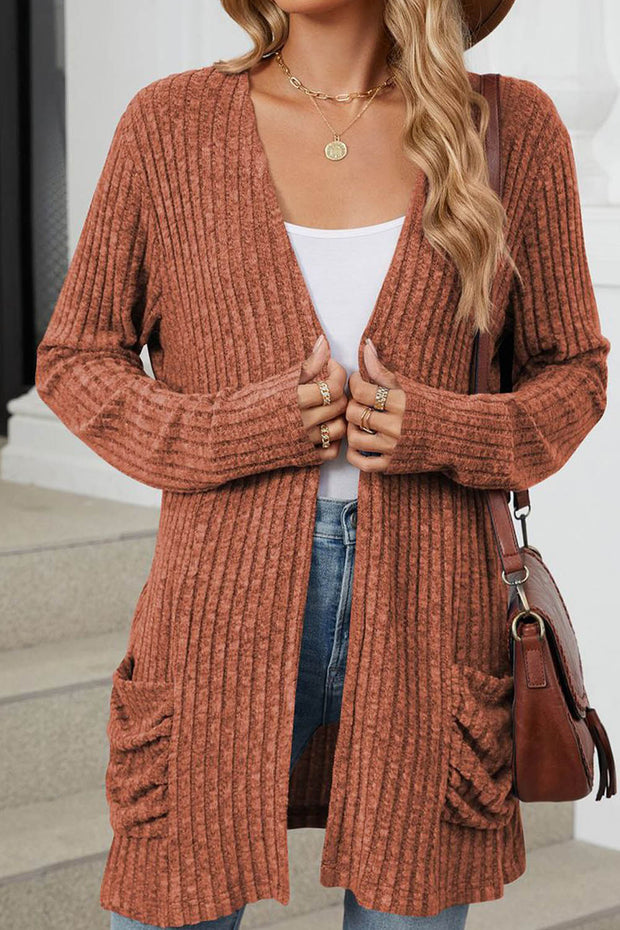 Solid Color Pocket Long Sleeve Cardigan Sweater