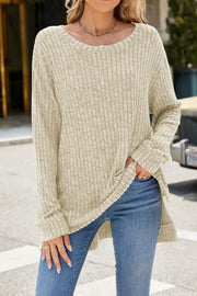 Solid Color Round Neck Long Sleeve Brushed Slit Pullover