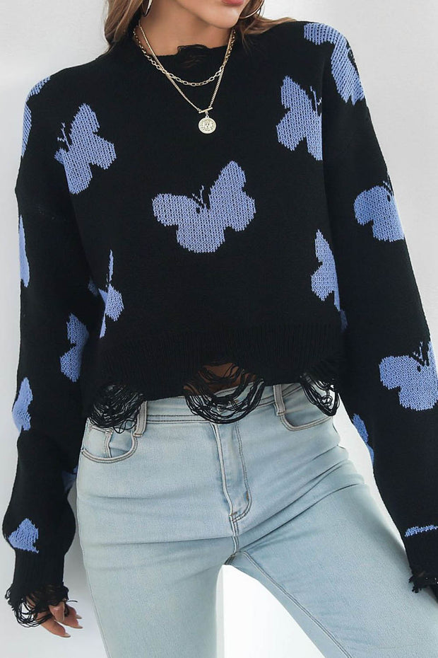 Ripped Butterfly Jacquard Cropped Sweater