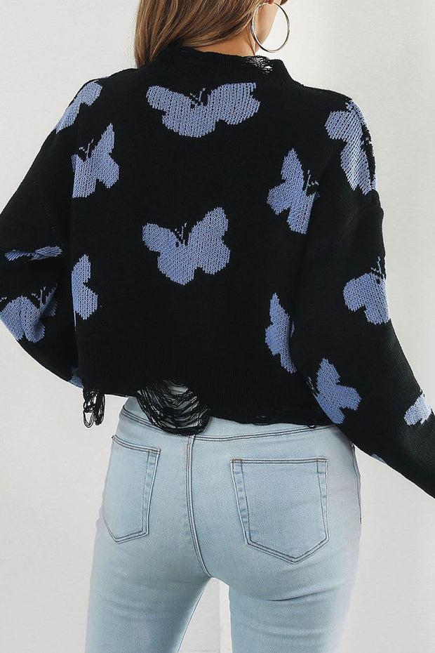 Ripped Butterfly Jacquard Cropped Sweater