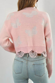 Ripped Butterfly Jacquard Cropped Sweater