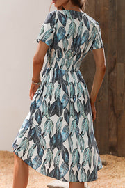 Leaf Print V Neck Short Sleeve Midi Dress