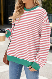 Striped Round Neck Colorblock Loose Long Sleeve Sweatshirt