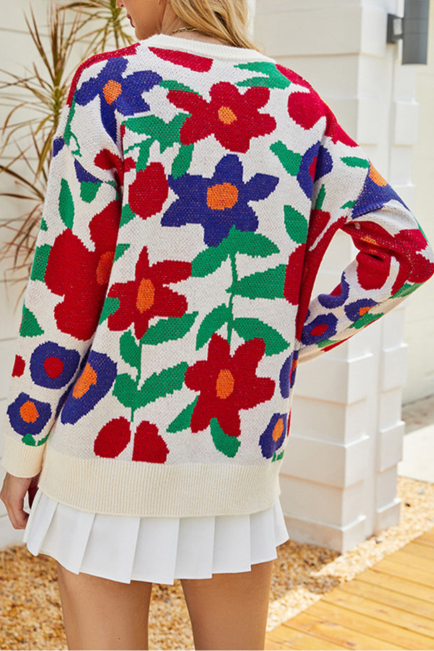 Multicolored Sunflower Round Neck Knit Sweater