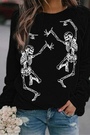 Halloween Print Round Neck Long Sleeves Sweatshirt Skeleton