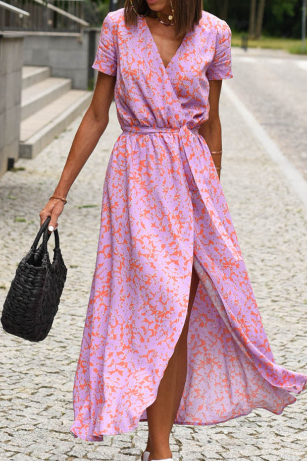 Printed Slit V Neck Midi Dress