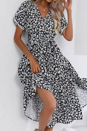 Floral Slit V Neck Short Sleeve Midi Dress