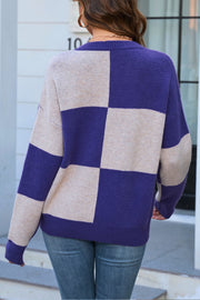 Plaid Colorblock Round Neck Knit Pullover Sweater