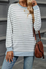 Striped Colorblock Round Neck Loose Long Sleeve T-shirt