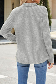 Solid Color Lapel V-neck Pocket Long Sleeve Loose Brushed Top