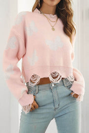 Ripped Butterfly Jacquard Cropped Sweater