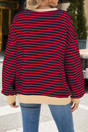 Striped Round Neck Colorblock Loose Long Sleeve Sweatshirt