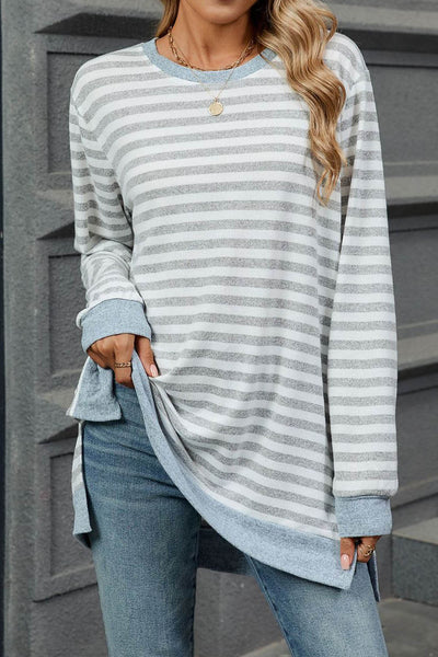 Striped Colorblock Round Neck Loose Long Sleeve T-shirt