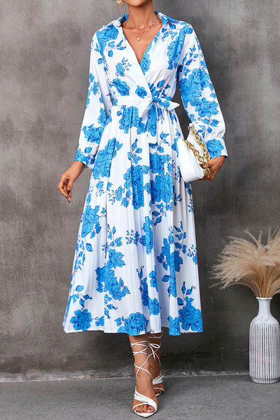 Spring and Autumn Printed Shirt V-Neck Tie Nine-Point Sleeve Midi Dress