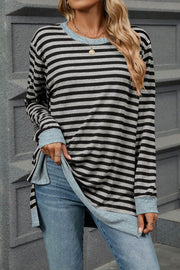 Striped Colorblock Round Neck Loose Long Sleeve T-shirt