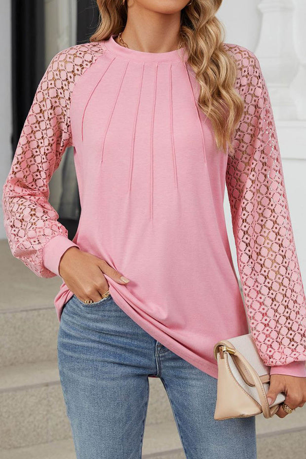 Lace Panel Round Neck Long Sleeve Loose Top