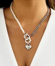 Imitation Pearl & Goldtone Heart Pendant Necklace