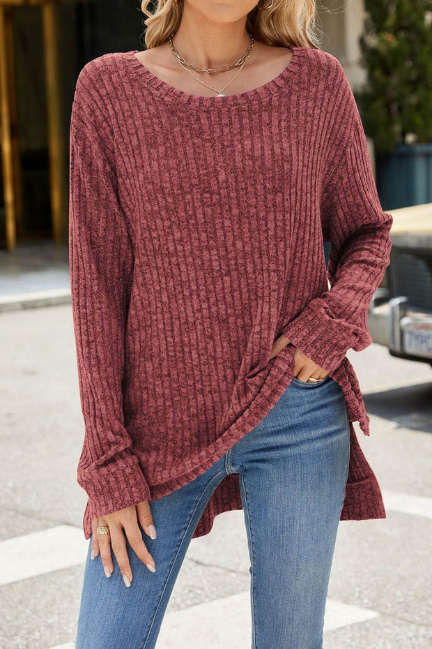 Solid Color Round Neck Long Sleeve Brushed Slit Pullover