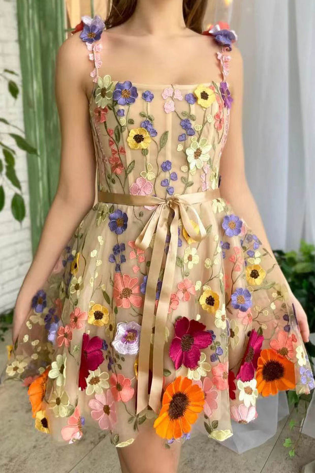 3D Flower Embroidered Suspender Dress