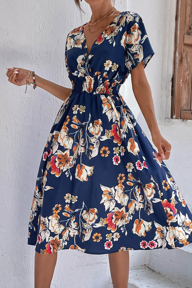 Floral V Neck Short Sleeve Midi Dress