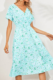 Retro Floral V Neck Short Sleeve Midi Dress