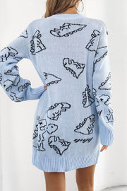 Cute Dinosaur Cartoon Jacquard V-Neck Long Sleeve Sweater Dress