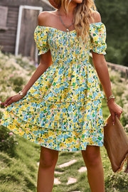 Smocked Off Shoulder Bubble Sleeve Floral Print Dress