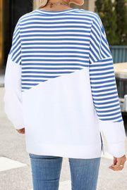 Solid Color Striped Colorblock Round Neck Long Sleeve Sweatshirt