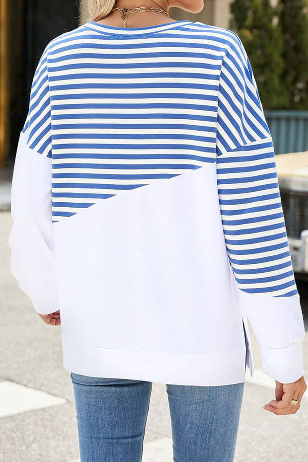 Solid Color Striped Colorblock Round Neck Long Sleeve Sweatshirt