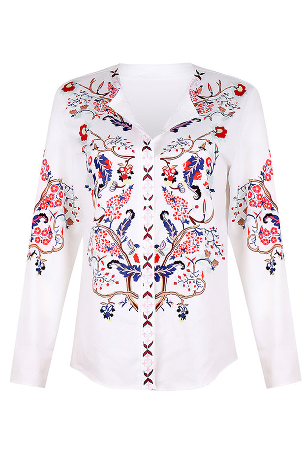 Stand Collar Embroidered Print Long Sleeve Top