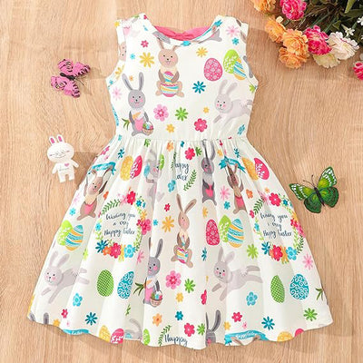 Baby's Bowknot Decor Cut Out Design Easter Style Dress, Casual Bunny & Egg Pattern Sleeveless Dress, Infant & Toddler Girl's Clothing For Summer/Spring, As Gift