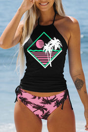 Simple resort-style black, pink and white coconut tree halterneck two-piece swimsuit