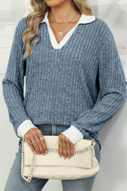 Colorblock Lapel V-neck Long Sleeve Loose Brushed Pullover