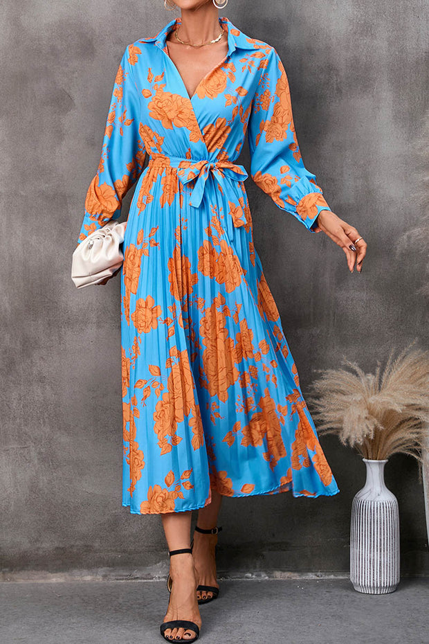 Spring and Autumn Printed Shirt V-Neck Tie Nine-Point Sleeve Midi Dress