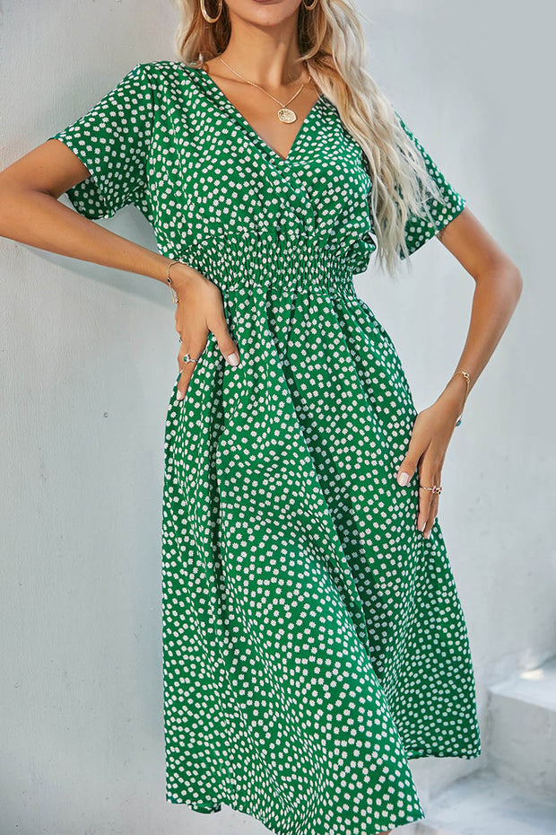 Polka Dot V Neck Short Sleeve Midi Dress