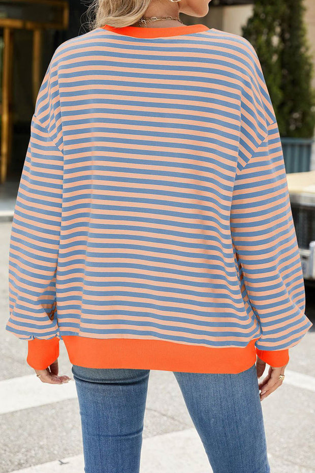 Striped Round Neck Colorblock Loose Long Sleeve Sweatshirt