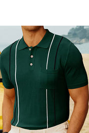 Men's Summer Striped Pocket Knit Short Sleeve Polo Shirt
