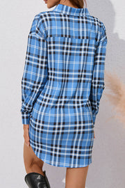 Plaid Single Breasted Long Sleeve Mini Shirt Dress