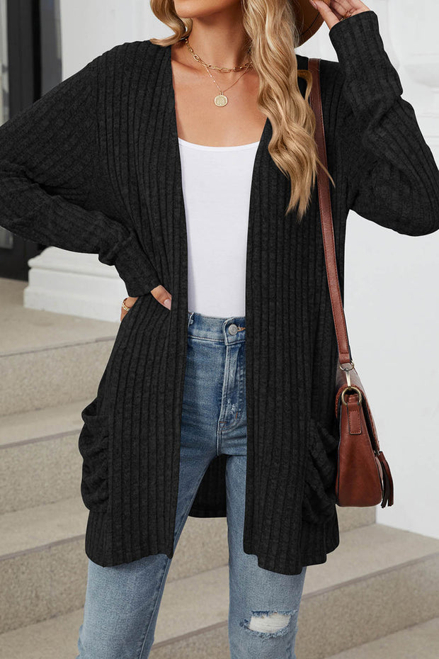 Solid Color Pocket Long Sleeve Cardigan Sweater