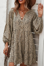 V Neck Leopard Print Button Design Loose Mini Dress