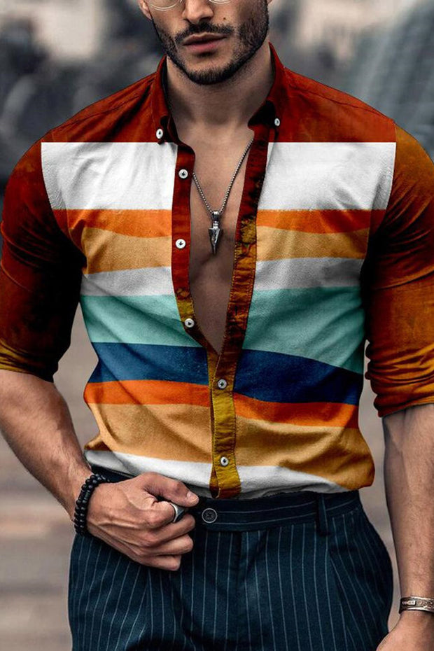 Rainbow Stripe Print Long Sleeve Casual Shirt