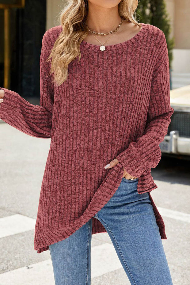 Solid Color Round Neck Long Sleeve Brushed Slit Pullover