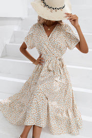 Floral Slit V Neck Short Sleeve Midi Dress