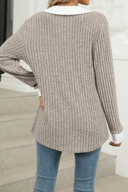 Colorblock Lapel V-neck Long Sleeve Loose Brushed Pullover