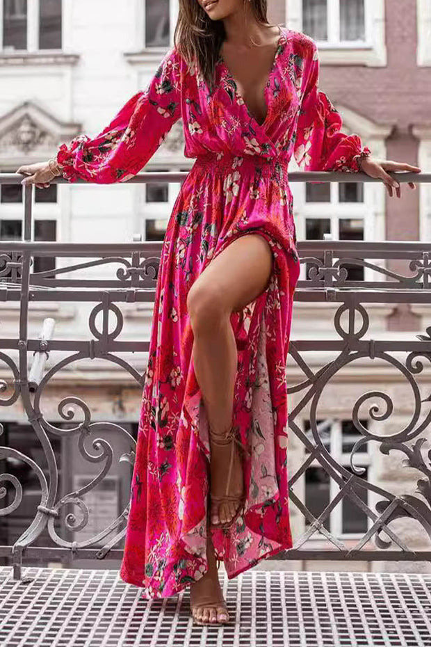 Printed V-neck Slit Long Sleeve Dress