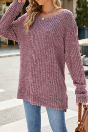 Solid Color Round Neck Long Sleeve Brushed Slit Pullover