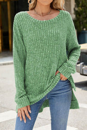 Solid Color Round Neck Long Sleeve Brushed Slit Pullover